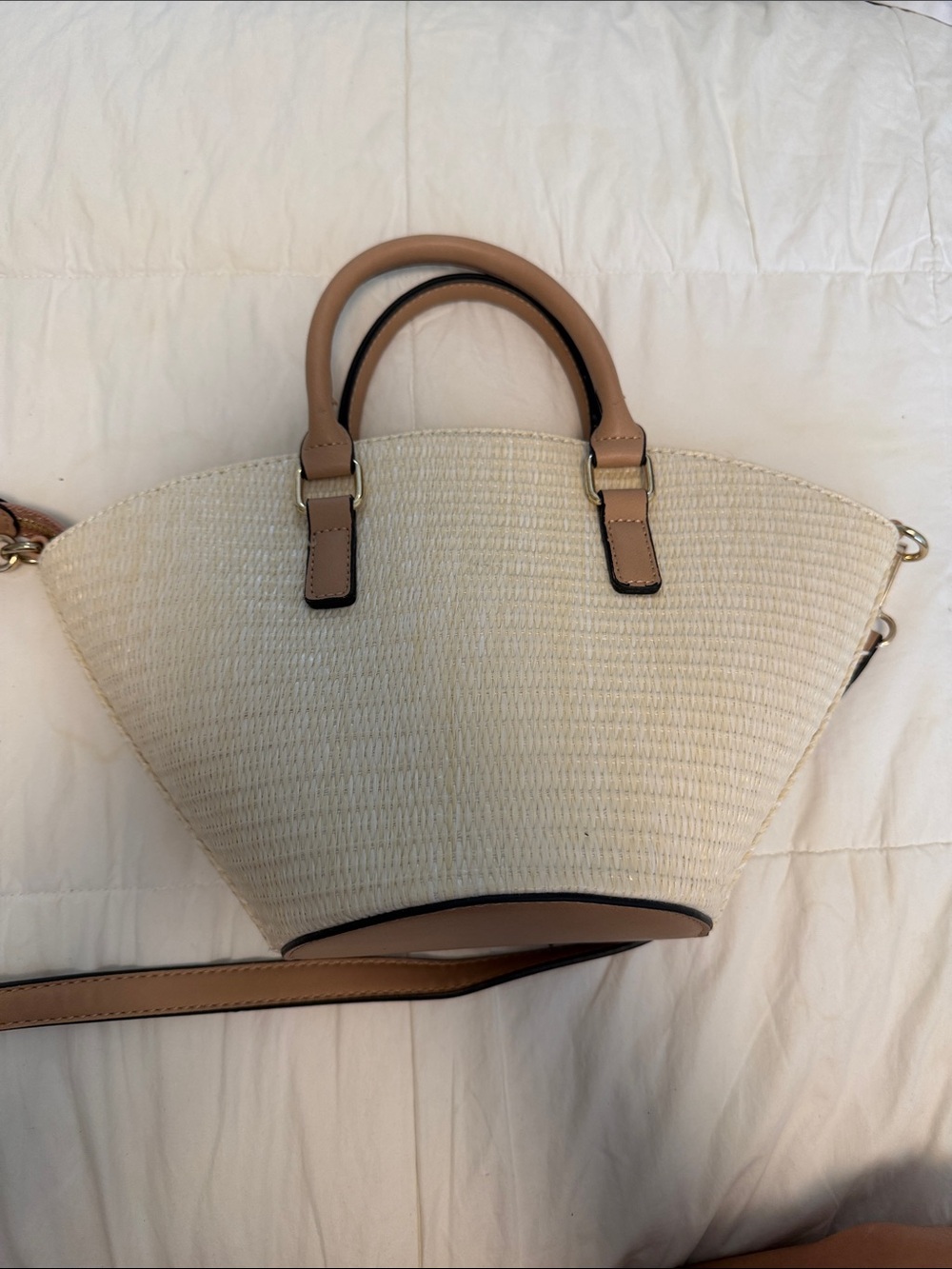 Cream Woven Tote with Tan Leather Trim